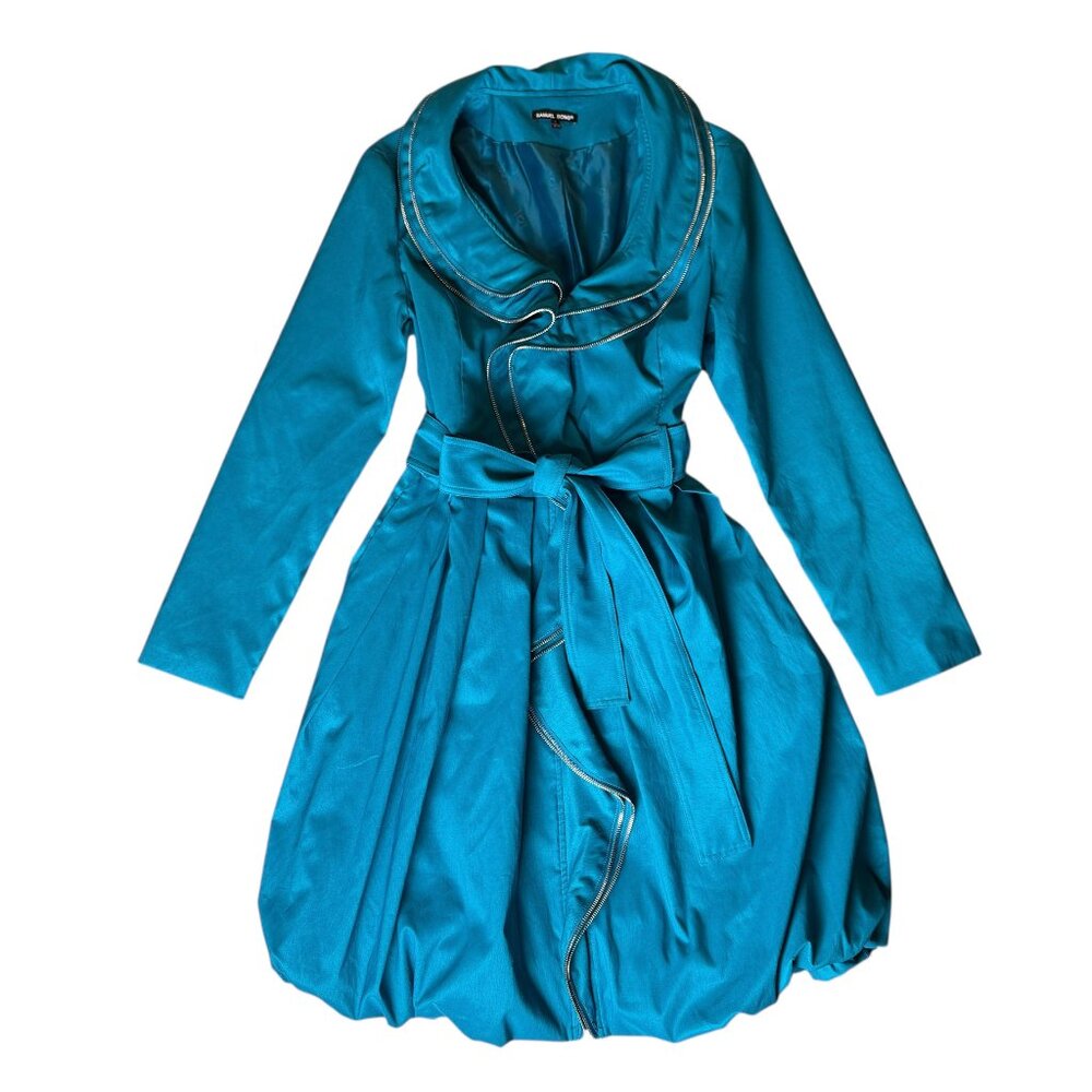 NWT Samuel Dong Bubble Dress Trench Coat Teal Blue Women's Size‎ Small